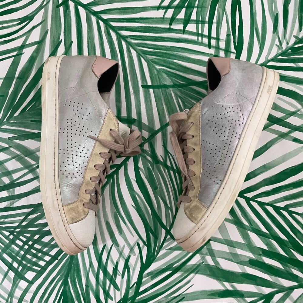 P448 John Iridescent Silver White Pink Leather Sneakers Women's Size 38 (US 8)